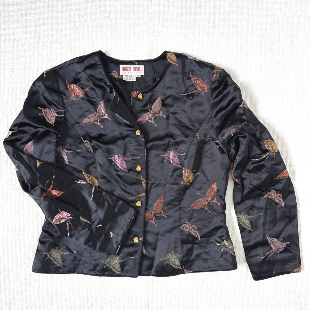 Maggy London Blouse Butterfly Embroidered Satin Top Size 14 Black VTG Schacket